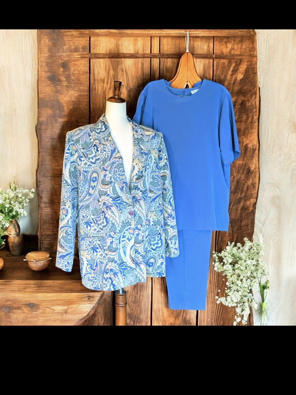 DRAPER'S & DAMON'S Paisley Blazer with Solid Blue Top and Pant Set - 1X